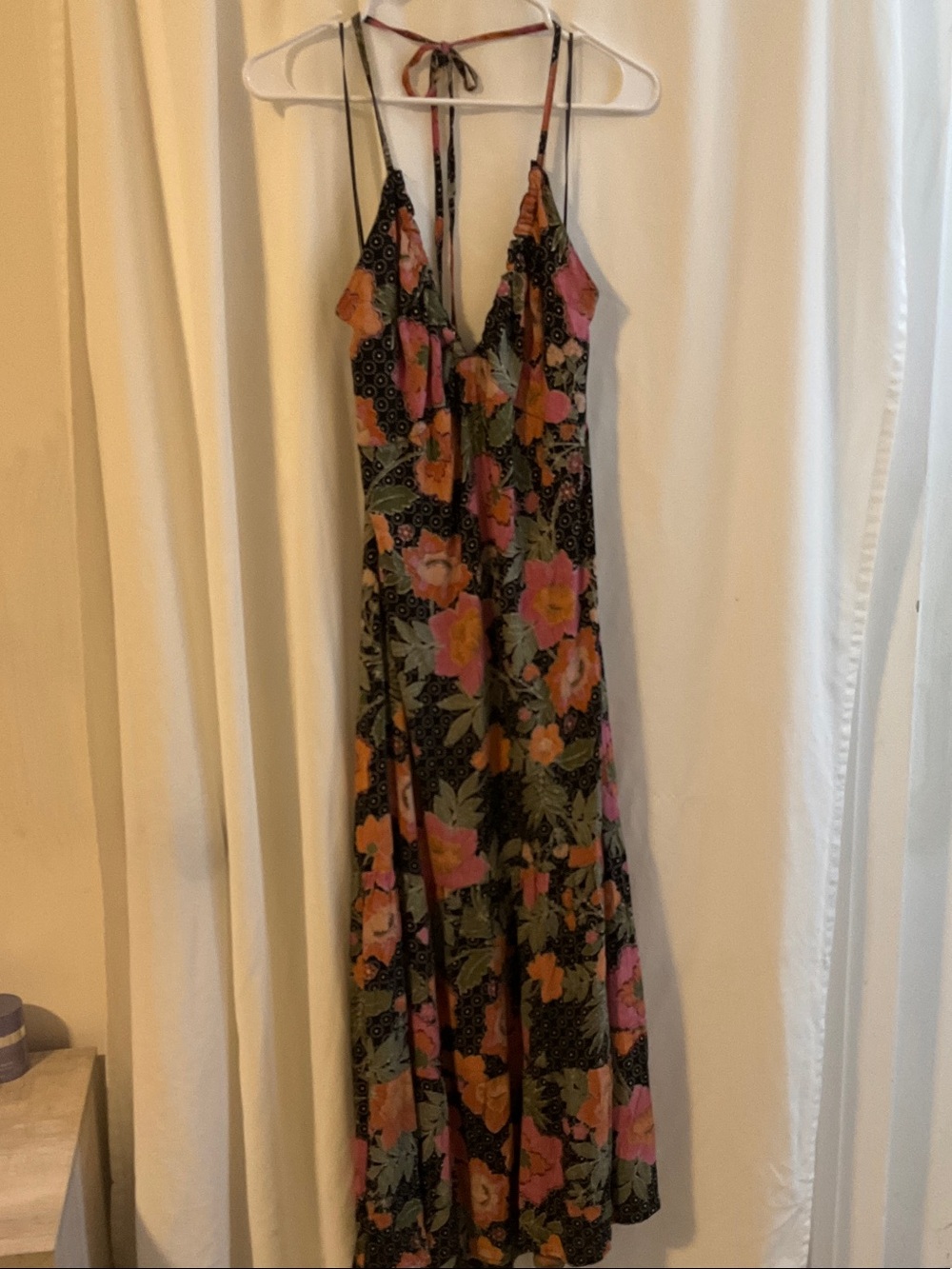 Angie Floral Maxi Slip Dress in Black, Pink & Olive